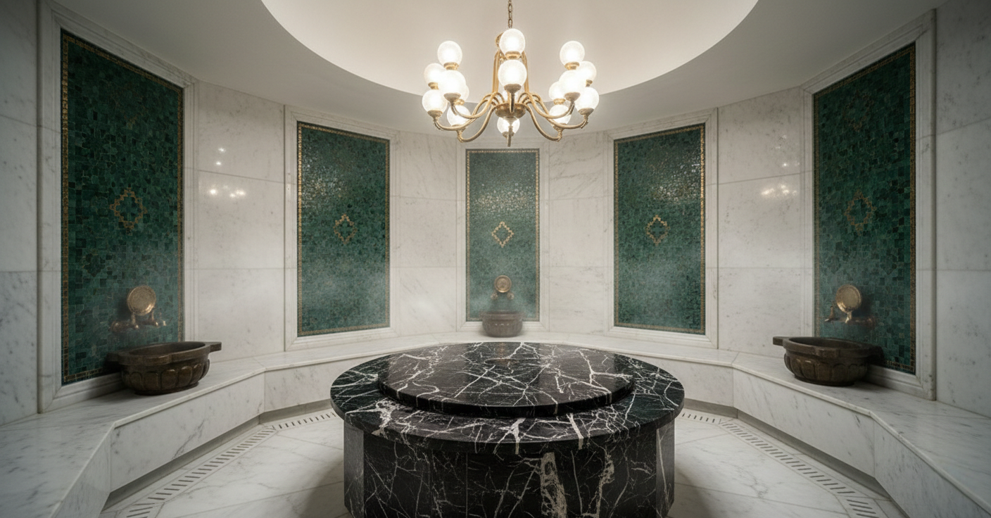 Como é feito o revestimento de um hammam de luxo: pedras, mosaicos e acabamentos especiais
